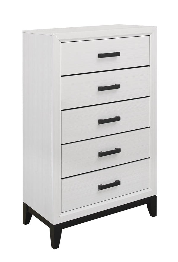 English Elm MIRAGE Solid Wood Chest with 5 Smooth-Glide Drawers, Durable MDF Build and Matte Black Hardware White 33.31 L x 18.58 W x 48.74 H B201P226179