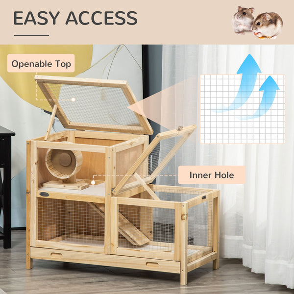 English Elm 2-tier Fir Wood Hamster Hutch with Mesh Roof Plexiglass Front and Enrichment Accessories T3971P407770