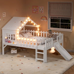 English Elm Twin Playhouse Loft Bed Solid Pine Frame with Slide Led Lights and Star Roof White W5316S00004