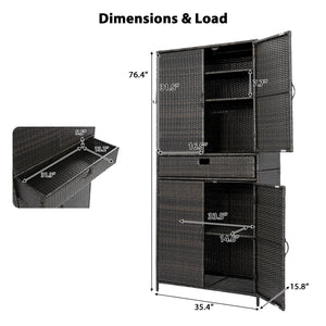 English Elm K&k Tall Arched Pe Rattan Outdoor Storage Cabinet with Adjustable Shelves and Steel Frame Brown+Black N707P420102D