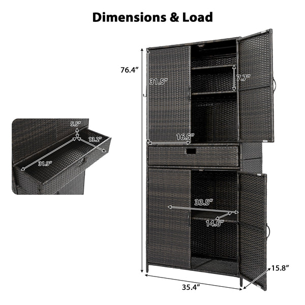 English Elm K&k Tall Arched Pe Rattan Outdoor Storage Cabinet with Adjustable Shelves and Steel Frame Brown+Black N707P420102D