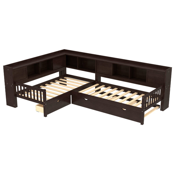 English Elm L-shaped Twin Platform Bed with Trundle, Solid Wood Corner Sleeper with Drawers, Shelves, No Box Spring Needed Espresso W1580S00261