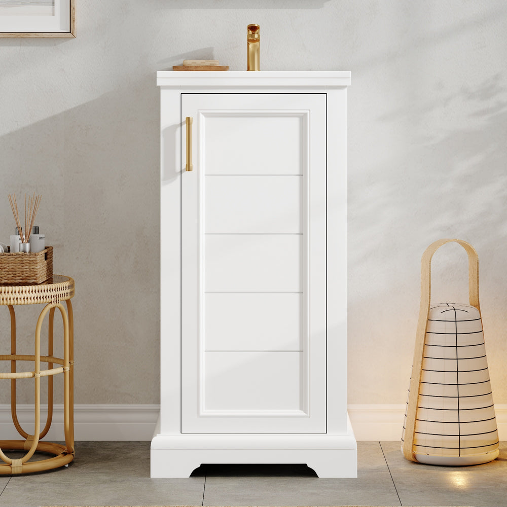 English Elm 16-inch French Bathroom Vanity with Ceramic Undermount Sink, Soft-Close Door, Vintage Carvings, White N710P330979K