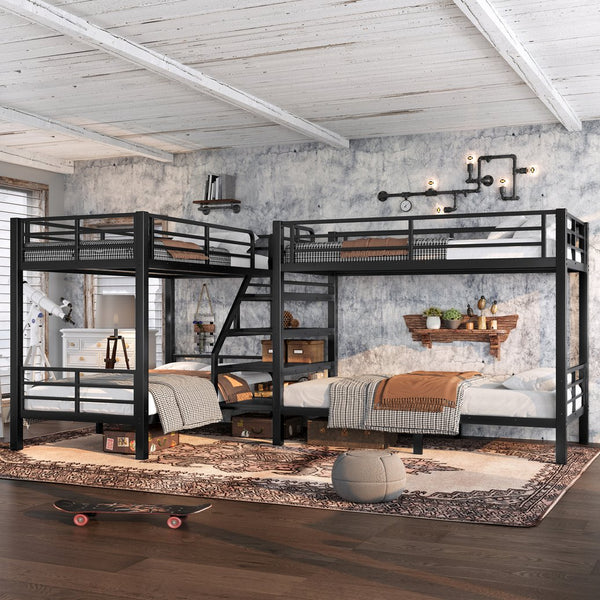 English Elm Twin L-shaped Steel Bunk Bed with Built-in Shelving and Full Guardrails Matte Black W1580S00439