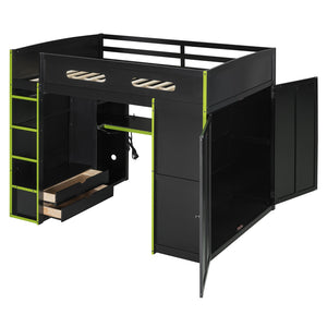 English Elm Full Size Gaming Loft Bed with Rgb Lighting Desk Wardrobe and Mdf Wood Frame LT000261AAG