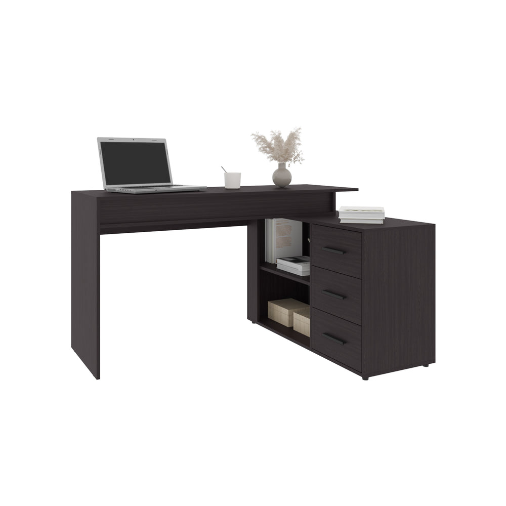 English Elm Desk, Black Wengue engineered wood office desk with 3 drawers, 2 shelves, sturdy 4-leg design, FSC compliant B097P369419