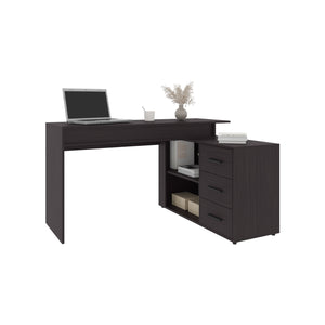 English Elm Desk, Black Wengue engineered wood office desk with 3 drawers, 2 shelves, sturdy 4-leg design, FSC compliant B097P369419