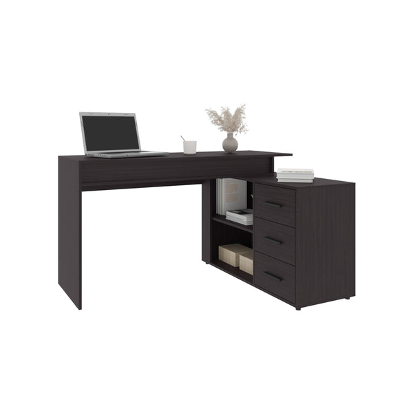 English Elm Desk, Black Wengue engineered wood office desk with 3 drawers, 2 shelves, sturdy 4-leg design, FSC compliant B097P369419