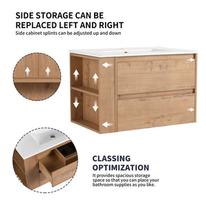 English Elm 30" Wall-Mount Bathroom Vanity With Ceramic Sink, Soft-Close Drawers & Configurable Side Shelf W999S00206