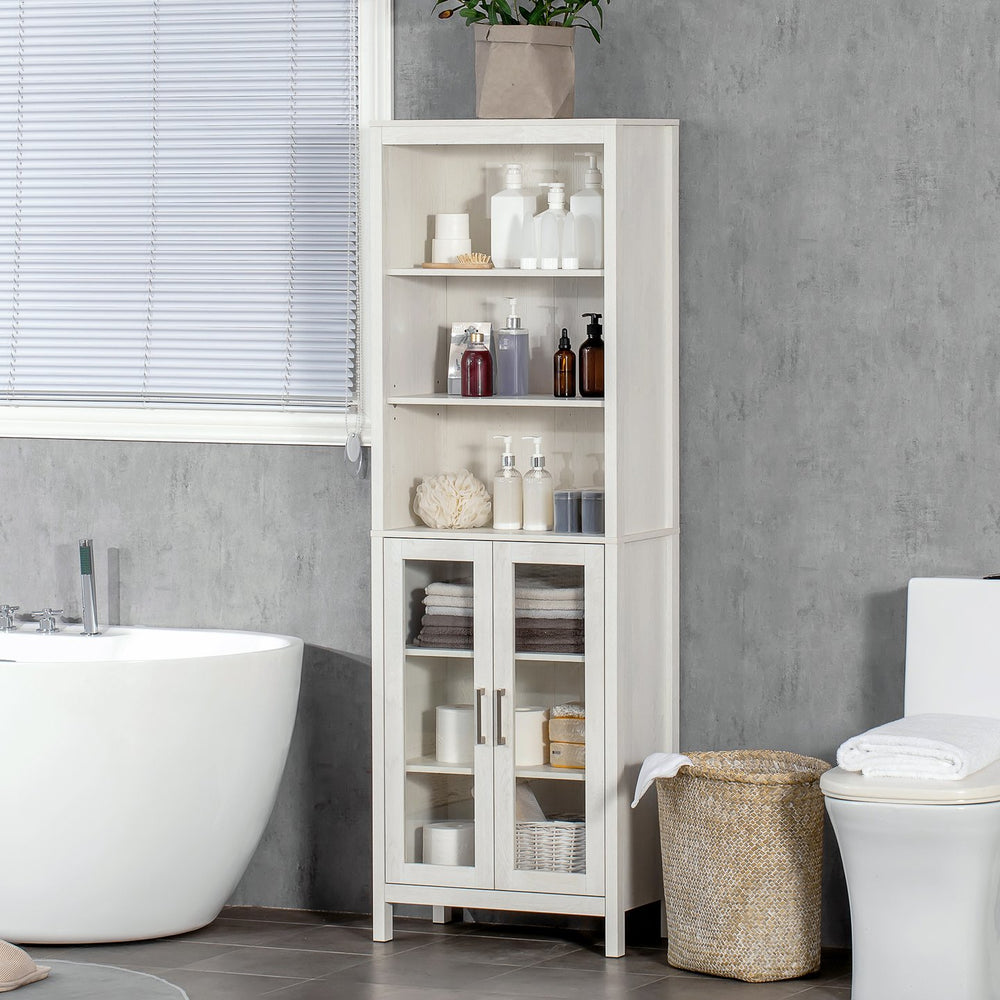 English Elm kleankin Tall Bathroom Cabinet with Glass Doors & 3-Tier Shelves, Freestanding Linen Tower, White W2225P173987