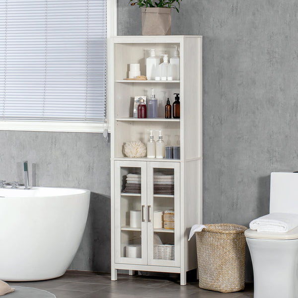 English Elm kleankin Tall Bathroom Cabinet with Glass Doors & 3-Tier Shelves, Freestanding Linen Tower, White W2225P173987