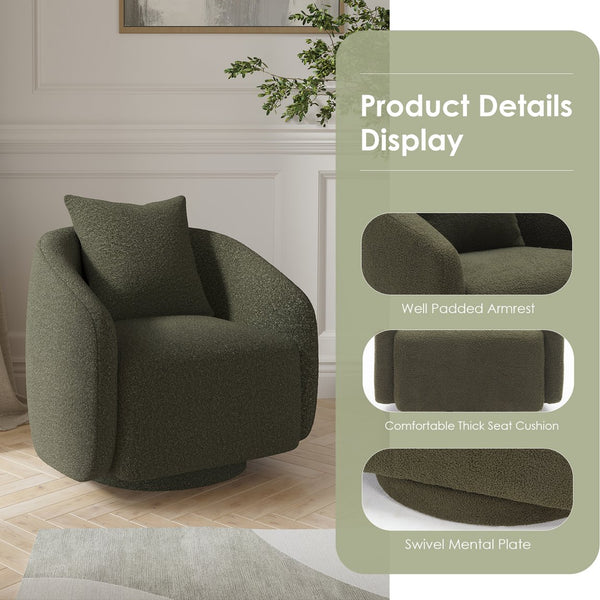 English Elm Swivel Barrel Armchair in Teddy Fabric with Lumbar Pillow and Solid Wood Legs Green T3623P430704