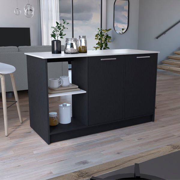 English Elm Juniper Kitchen Island with Spacious 59" Worktop, Double-Door Storage and Open Shelving for Cooktops Black+Ivory 64 L x 29 W x 4 H B200S00397