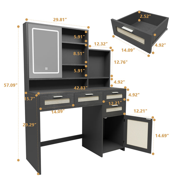 English Elm Makeup Vanity with Lights, Openable Mirror & Ample Storage Shelves, 4 Drawers and Cabinet Elegance Black W2227P160482