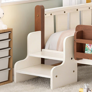 English Elm Twin Pine Floor Bed for Kids with Side Bookcases Built-in Stairs and Safety Guardrails Beige W1580P390214