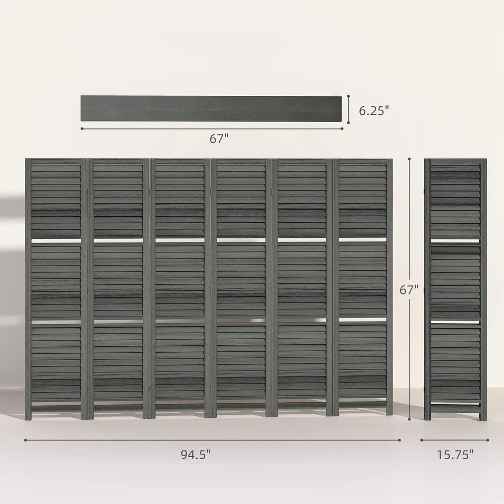 English Elm 6 Panel Paulownia Wood Louvered Room Divider with Shelves for Open Living Spaces Charcoal Grey T3971P405375