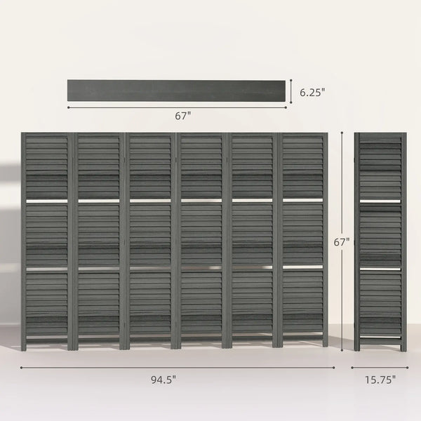 English Elm 6 Panel Paulownia Wood Louvered Room Divider with Shelves for Open Living Spaces Charcoal Grey T3971P405375