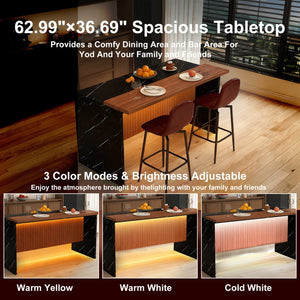 English Elm 63-Inch Modern Kitchen Island Set With 2 Bar Stools - Black Marble Surface, Led Light & Grill Design W2699S00063