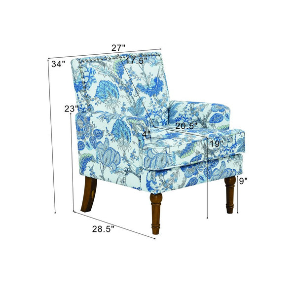 English Elm Accent Slipper Chair Botanical Tapestry Upholstery Nailhead Trim Solid Wood Legs Farmhouse Blue W5568P445699