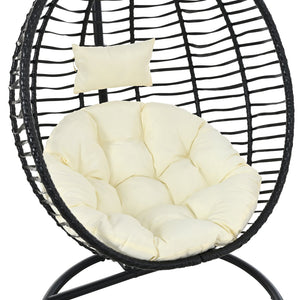 English Elm U_style Wicker Hanging Egg Chair with Stand Hdpe Cocoon Swing for Balcony Garden Black+Beige N711P389503A