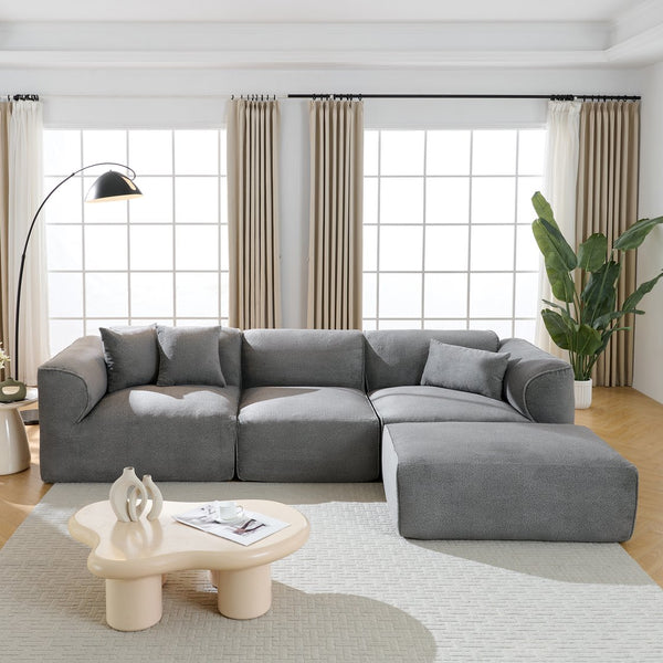 English Elm U_style Cut Velvet Four Seat Sofa with Detachable Ottoman and Piped Tailored Cushions Gray WY000464AAE