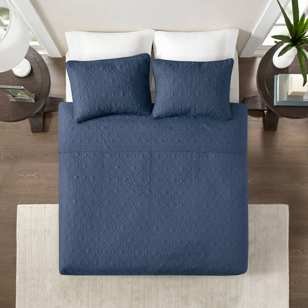 JLA Home Madison Park - 3 Reversible Quilt Set with Textured Stitching, Prewashed Cotton Fill, Antimicrobial, Year-Round Comfort Navy MP13-4972