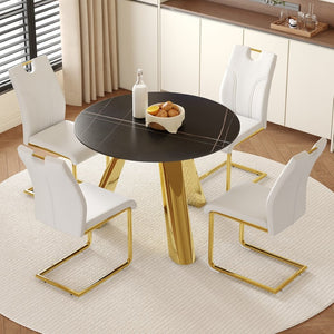 English Elm Table 5-Piece Dining Set: 42-Inch Round Sintered Stone Top With Gold Stainless Steel Legs & Chairs W2920S00041-GIGA