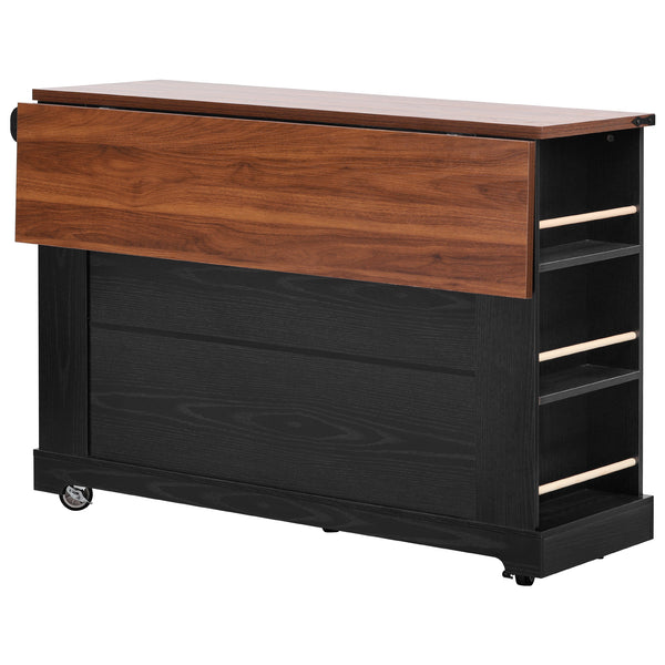 English Elm K&K 53" Farmhouse Kitchen Island with Drop Leaf, Tempered Glass Doors, Power Outlet, Rolling Cart Black N707P263637B