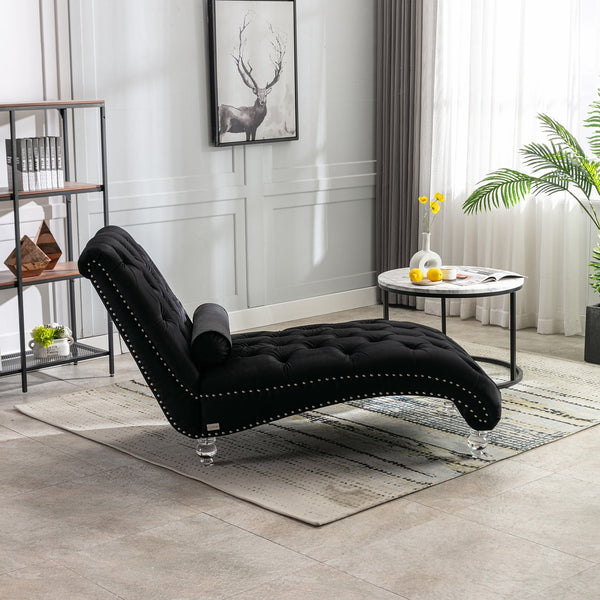 English Elm Velvet Curved Chaise Lounge Sofa with Button-Tufted Upholstery, Plush Foam Seat and Acrylic Legs Black W39538681