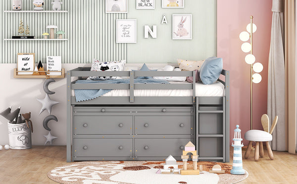 English Elm Full Size Kids Loft Bed Pinewood Frame Dual Study Desks Drawers and Open Shelving Gray LT000369AAE