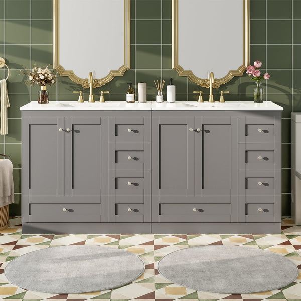 English Elm 72 Shaker Bathroom Vanity 72" Double-Sink Freestanding with Ceramic Basin, Soft-Close Drawers & Doors Grey N729P000010E