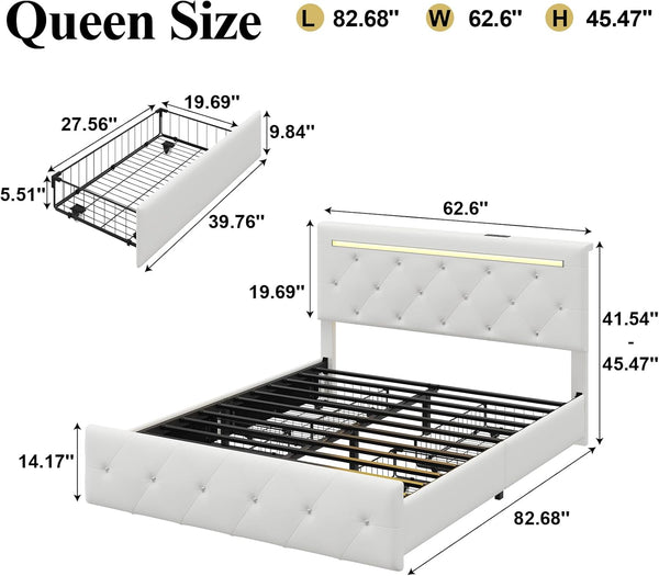 English Elm Queen Storage Bed with Led Lighting Crystal Tufted Pu Leather Headboard Charging Ports White W5722P462460