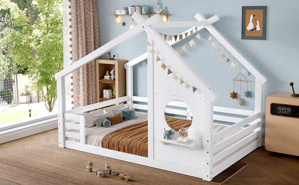 English Elm Full House Floor Bed with Roof Window and Shelf – Solid Pine Kids Loft-Style Low Bed, Durable Design White W1580P362693