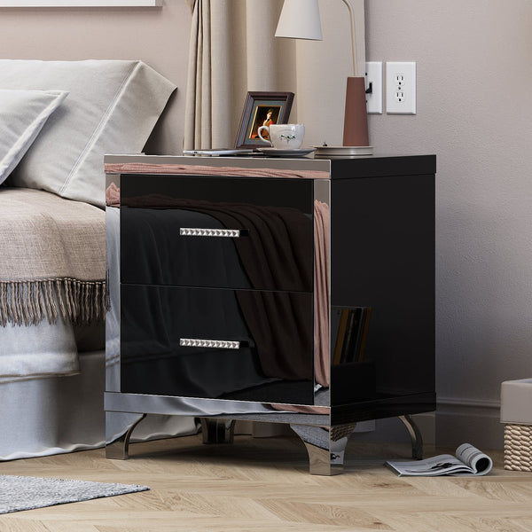 English Elm High Gloss Mirrored 2 Drawer Nightstand Slim Metal Legs Modern Bedroom Side Table Black W5271P416537