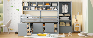 English Elm Full Size Gray Loft Bed with Rolling Desk Wardrobe Staircase and Headboard Shelving LT000852AAE