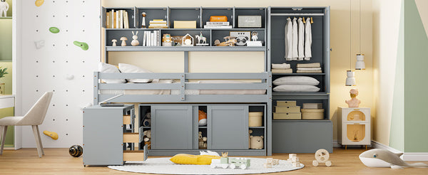 English Elm Full Size Gray Loft Bed with Rolling Desk Wardrobe Staircase and Headboard Shelving LT000852AAE