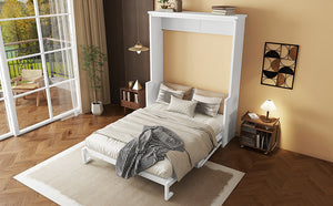 English Elm Queen Murphy Wall Bed with Integrated Desk Gas Strut Lift White Cabinet for Small Spaces White W504S00216