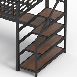 English Elm Twin Xl Metal Loft Bed with Stair Storage Shelves Sturdy Steel Frame for Dorms W1580S00481