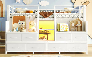 English Elm Twin Low Loft Bed with Shelves Fabric Drawers and Under Bed Study Nook Metal Frame Light White W5305S00042
