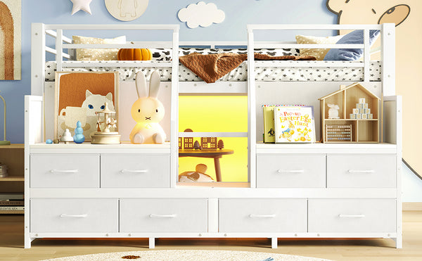English Elm Twin Low Loft Bed with Shelves Fabric Drawers and Under Bed Study Nook Metal Frame Light White W5305S00042
