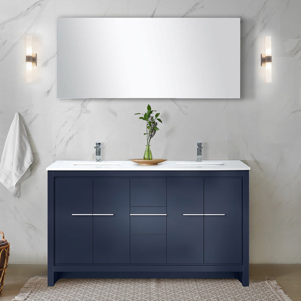 English Elm Navy Blue Double Bath Vanity With White Quartz Top, Chrome Faucet, 55 In. Mirror For Modern Style B2731S01721
