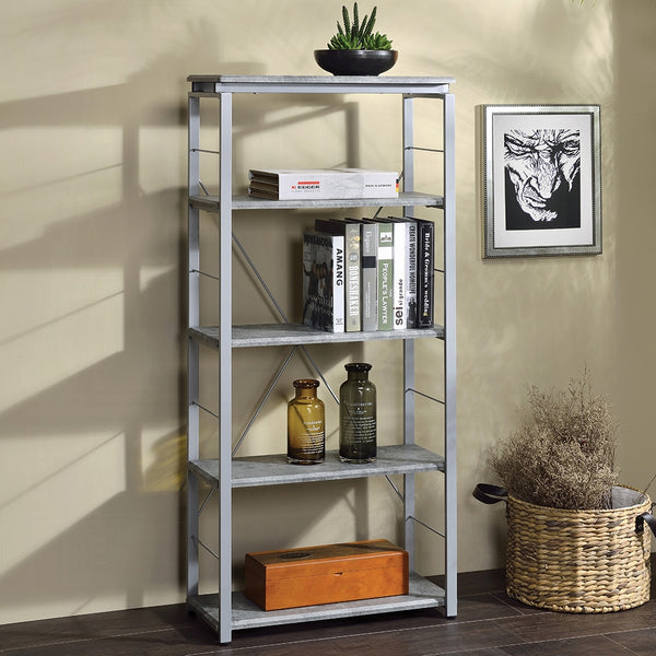 English Elm Metal 24"W Bookshelf 54"H - Faux Concrete Wood Top on Metal Frame, Compact 4-Tier Storage for Home Office B2741P326185