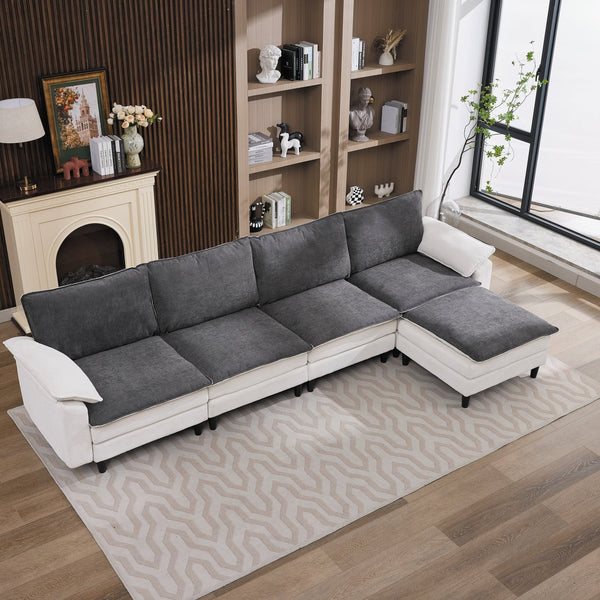 English Elm 129.92" Chenille Cloud Sectional Modular L Shaped Sofa with Ottoman Deep Lounge Seating W5029S00003