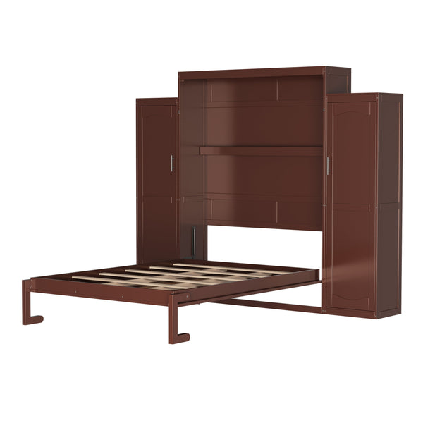 English Elm Queen Murphy Wall Bed Walnut Wooden Frame Dual Wardrobes Foldable Guest Room Storage N733S235627D