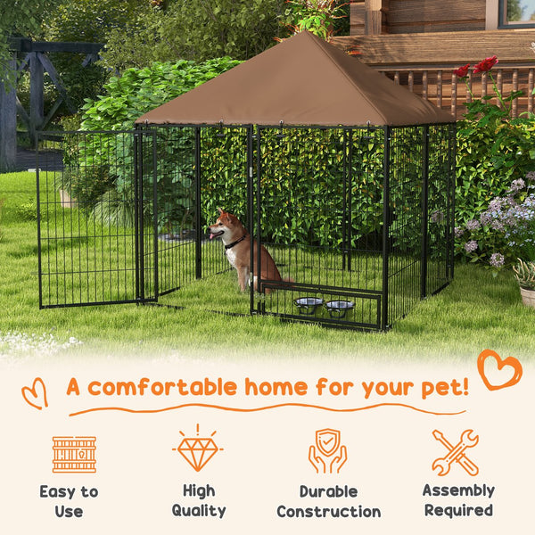 English Elm Pawhut Outdoor Steel Wire Dog Kennel with Oxford Canopy Roof and Rotating Feed Bowl W2225P173780