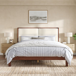 English Elm Solid Wood Queen Platform Bed Velvet Tufted Headboard Architectural Slat Design Espresso N7090000742P