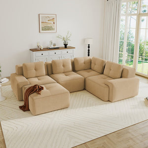 English Elm Modern Corduroy Sectional Sofa Deep Seat V Shape Tufted Couch with Movable Ottoman Camel W714S01588