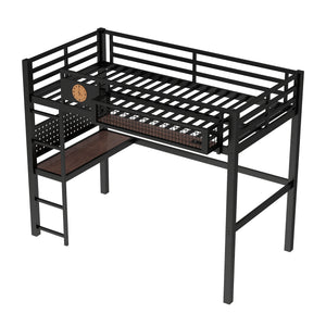 English Elm Twin Xl Solid Pine Loft Bed with Built-in Led Lighting and Storage Shelves W1580S00374