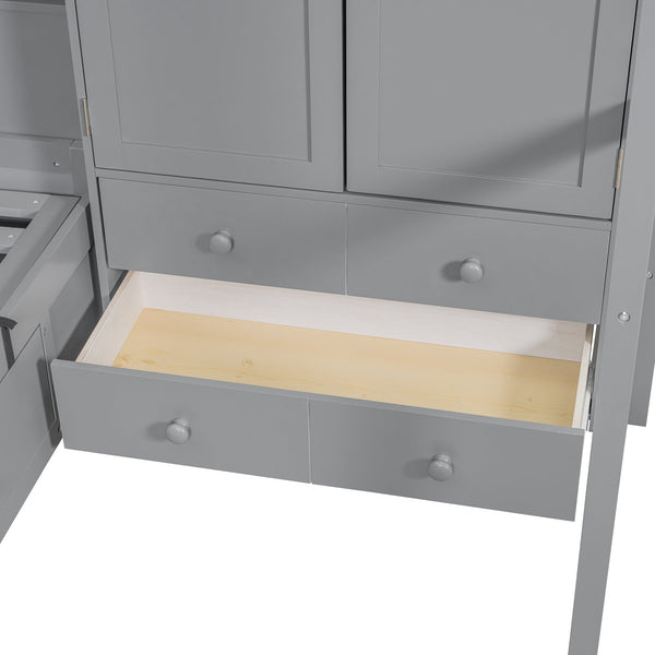 English Elm Twin Bunk Bed with Wardrobe Drawers Hydraulic Lift Shelves Kids Storage Gray LT000666AAE-1
