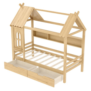 English Elm Twin House Platform Bed with Drawers & Shelves, Solid Wood Playhouse Frame for Kids, Cozy Design Natural W1580S00266